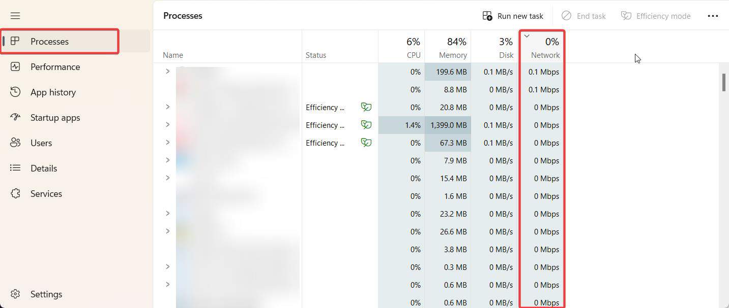 sort processes by network usage