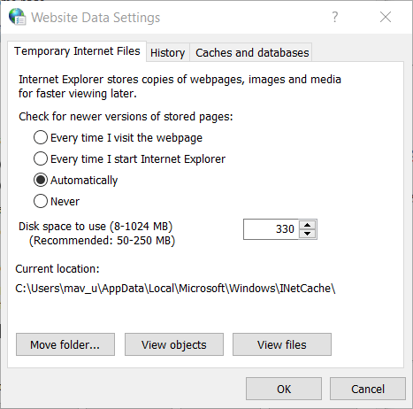 Website Data Settings window res ieframe.dll errors