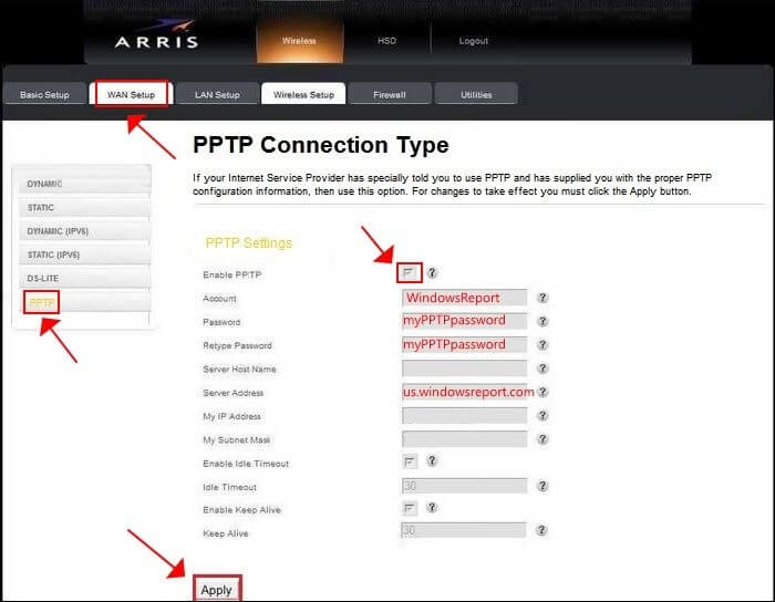 enable PPTP connection on Arris router