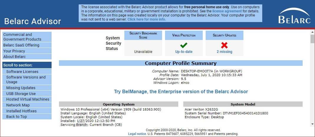 read Belarc Advisor PC profile