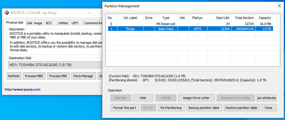 manage partitions with Bootice