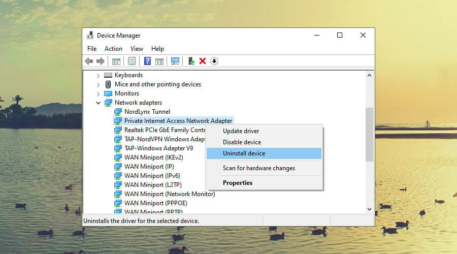 uninstall TAP drivers from Device Manager