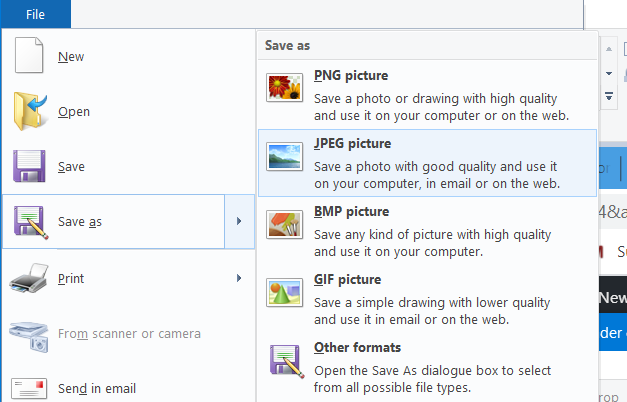 Screenshot of the Save As menu to jpg windows 10