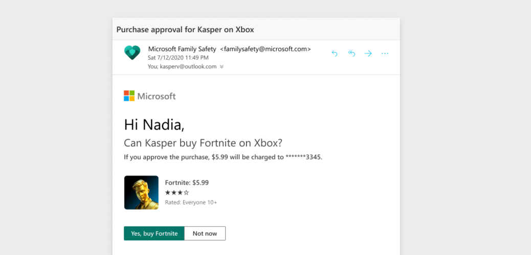 Microsoft Family Safety purchase confirmation