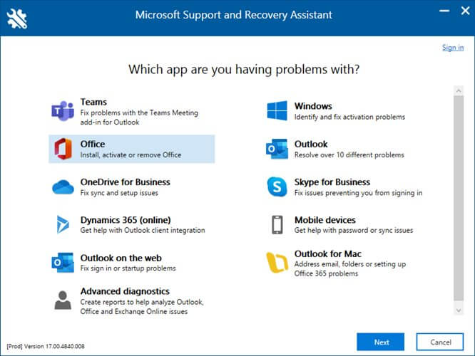 Microsoft Support and Recovery Assistant を実行します。ほとんどの機能が無効になります。