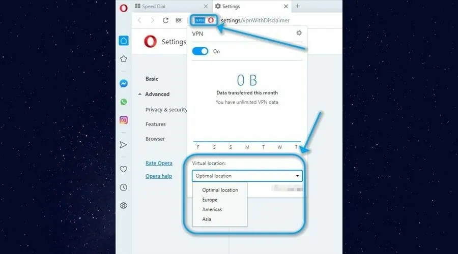 Pomocí nabídky Opera VPN