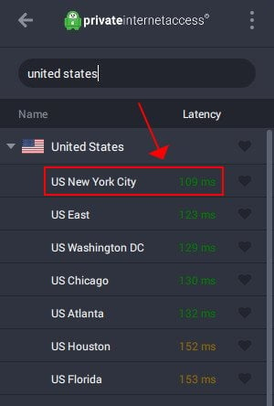 connect to US VPN server in PIA