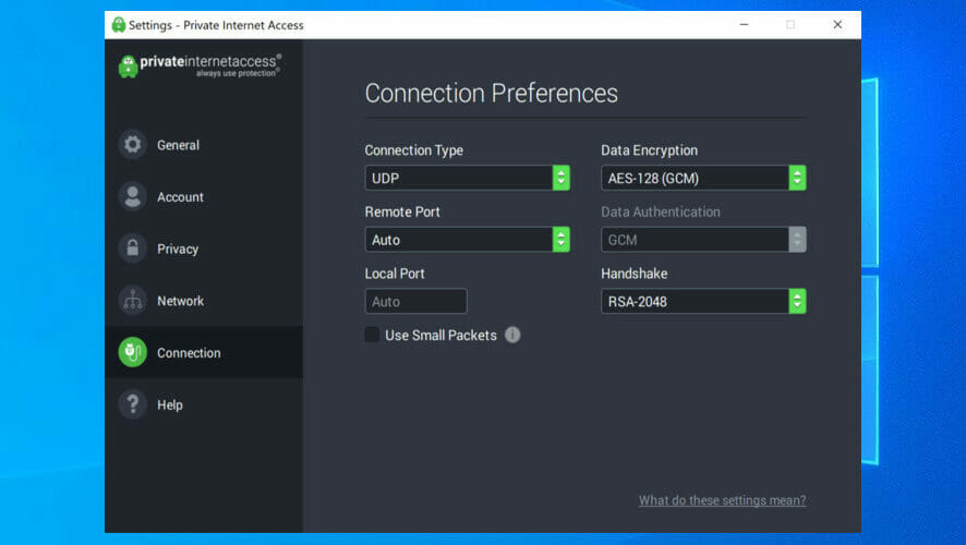 The settings screen of PIA VPN.