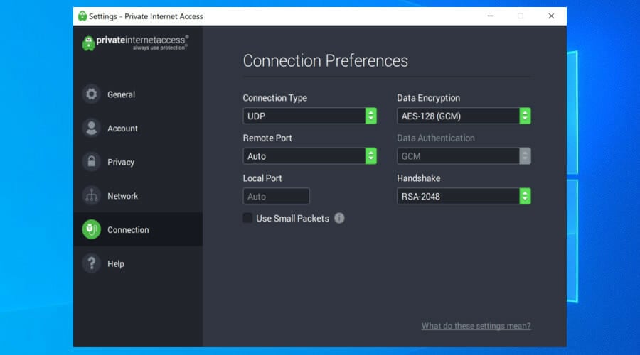 The settings screen of PIA VPN.