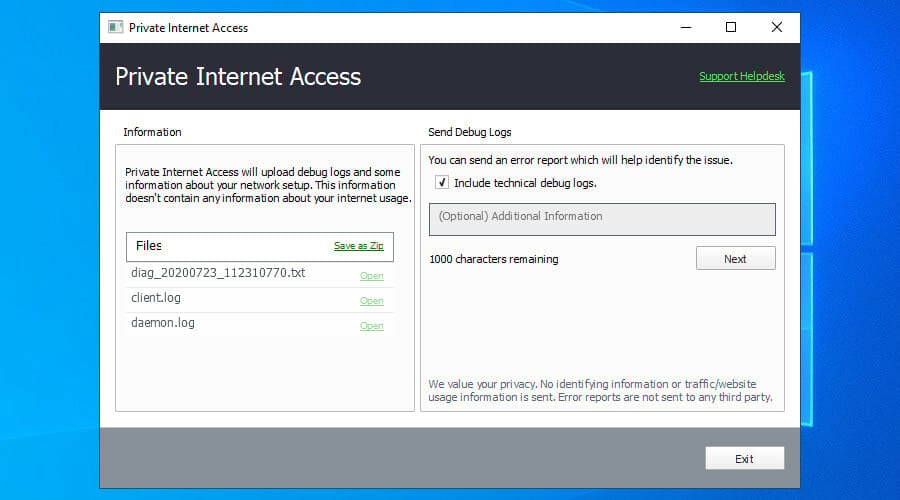 view Private Internet Access debug logs