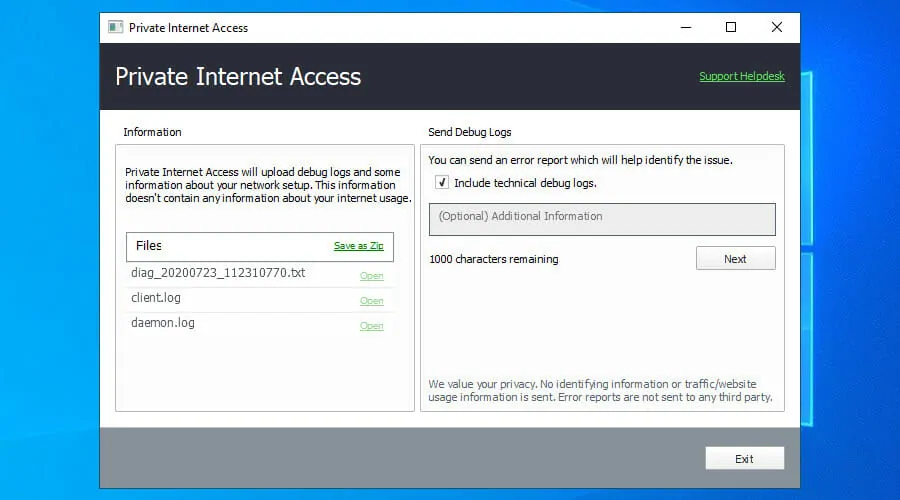 Private InternetAccessのデバッグログを表示する