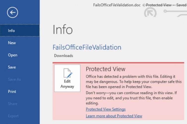 Disable Protected View Office detected a problem with this file