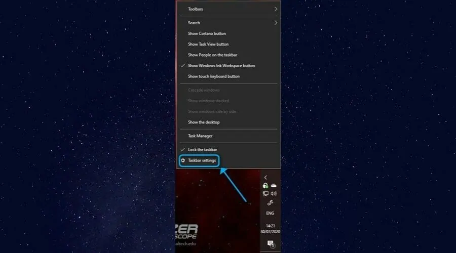 Taskbar settings menu