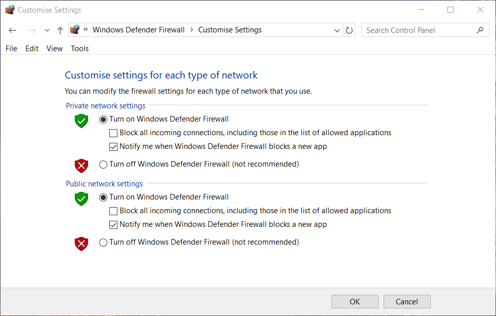 Turn off Windows Defender Firewall options fortnite stuck on please wait