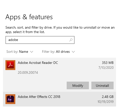 uninstall adobe dc windows 10