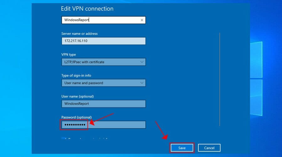 set VPN password in Windows 10