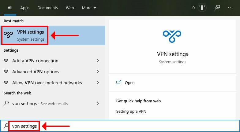 Il menu di avvio di Windows 10 mostra le impostazioni VPN