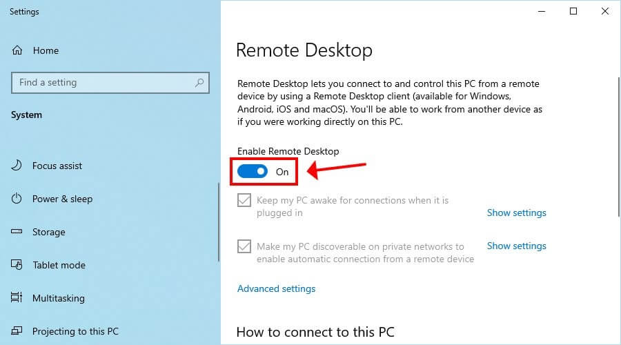 enable Remote Desktop connections on Windows 10