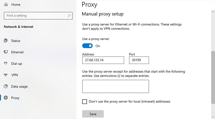 Используйте прокси -сервер Windows 10