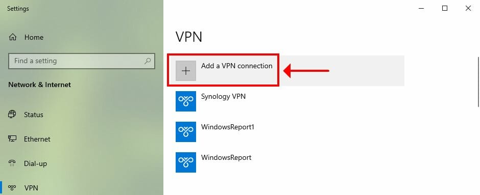 Windows 10 설정은 VPN 연결 옵션 추가를 보여줍니다