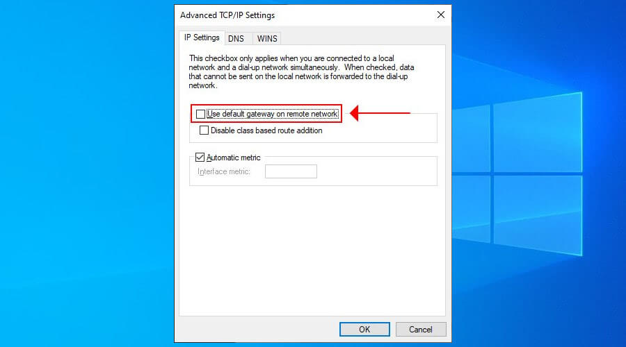 disable Use default gateway on remote network in Windows 10