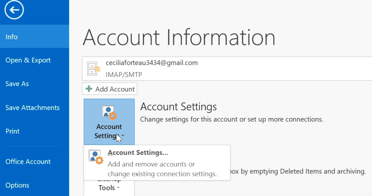 Account Settings choose which account to send the email from