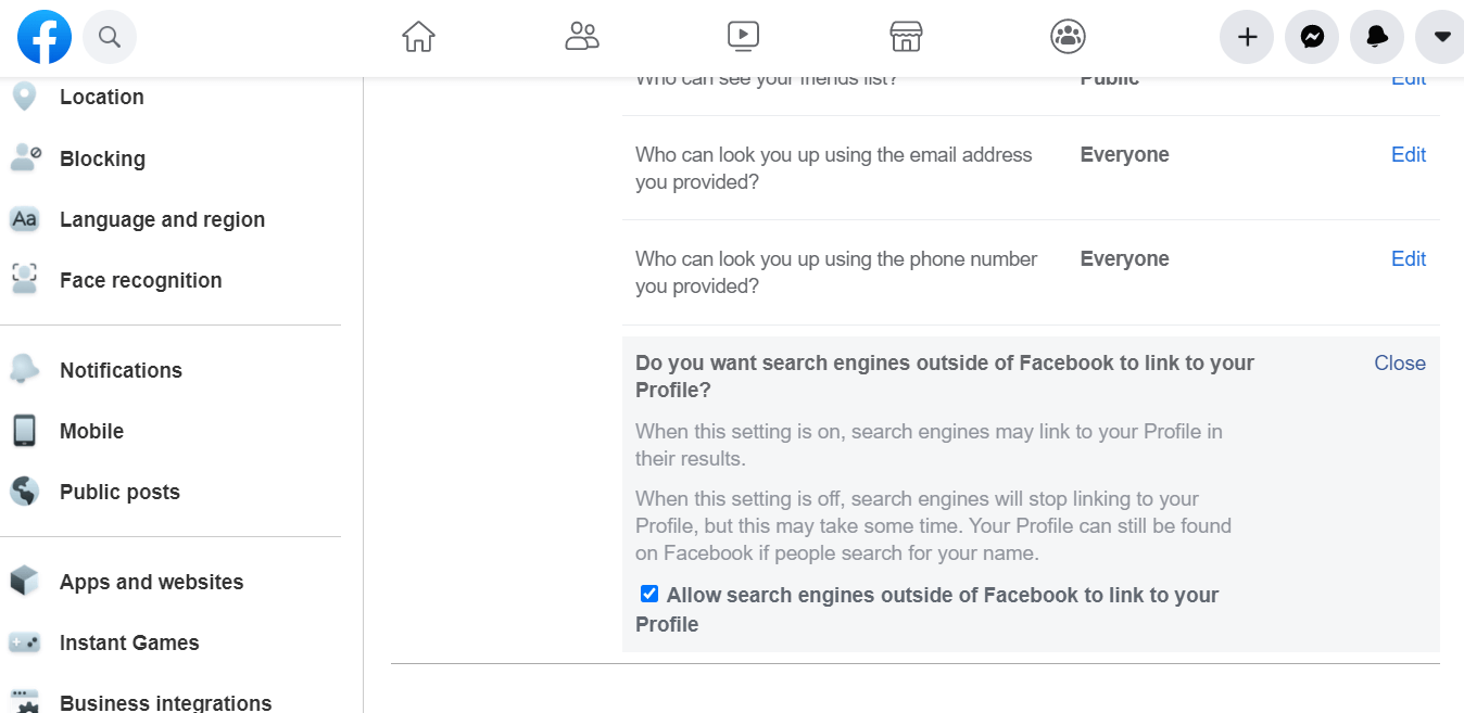 Allow search engines outside of Facebook option facebook this content isn't available right now