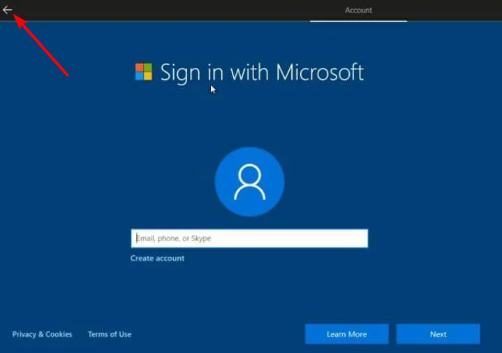 back install windows 10 without microsoft account