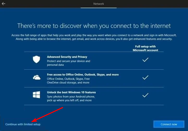 continue install windows 10 without microsoft account