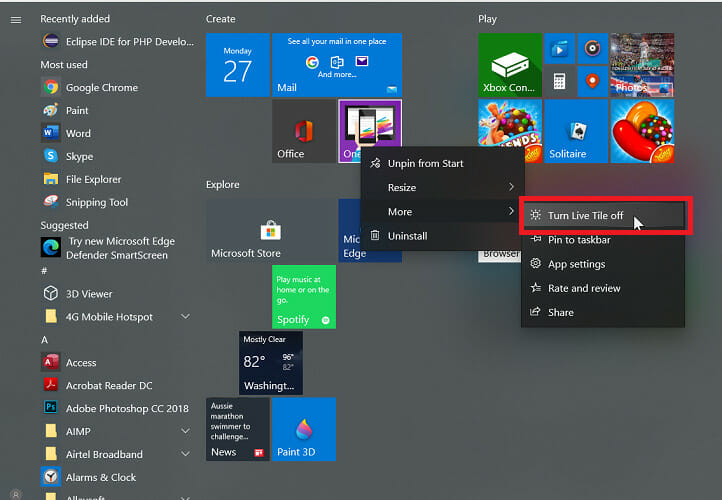 turn off live tiles in windows 10