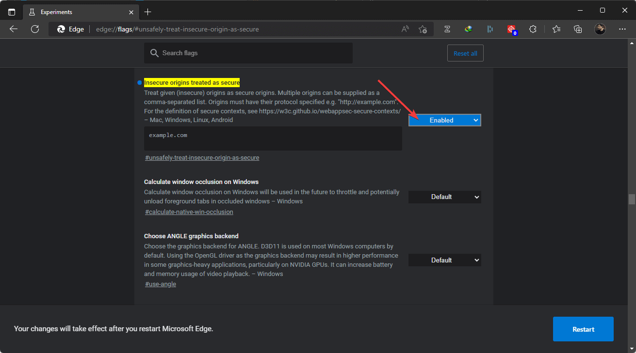 disabling ssl warning for specific site edge