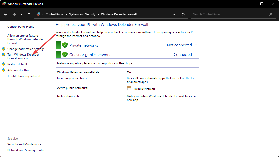 going turn windows defender firewall onor off