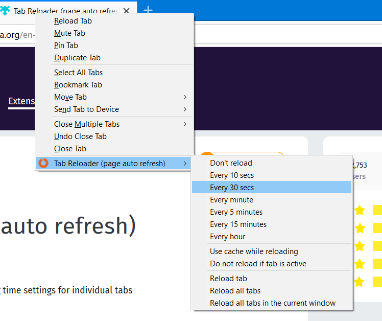 The Tab Reloader submenu auto refresh pages [chrome, firefox, edge]