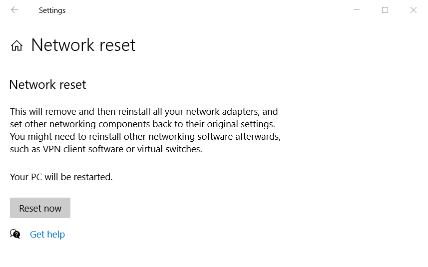 Reset now button reset network settings windows 10