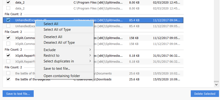 Select All option remove duplicate files windows 10