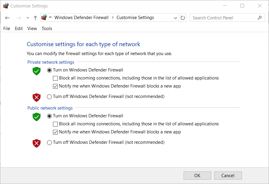 Turn off Windows Defender Firewall options hamachi not working minecraft