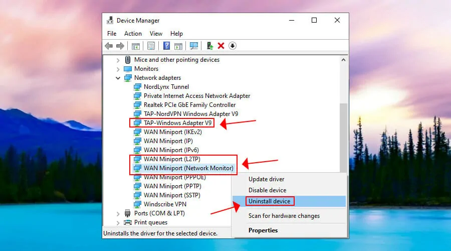 uninstall L2TP network adapters from Device Manager
