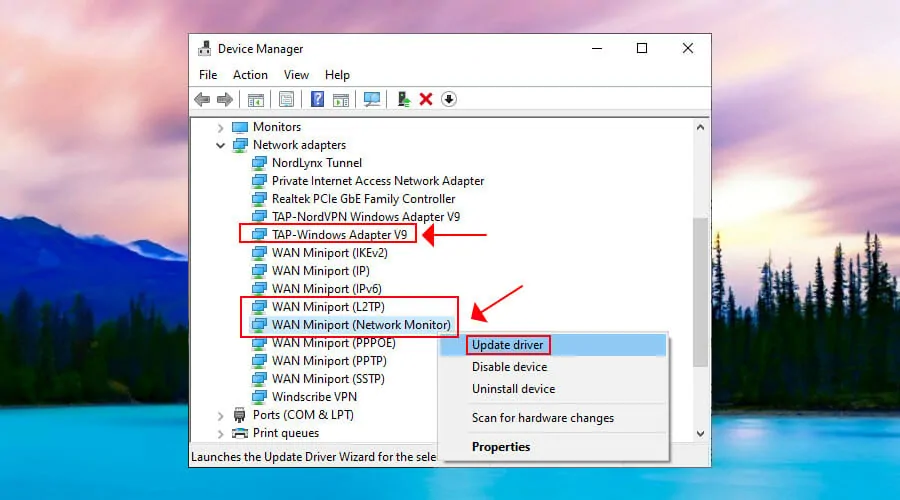 update L2TP network adapters from Device Manager