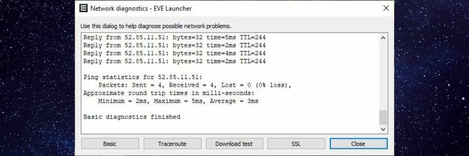 Basic test EVE Online Network diagnostics packet loss