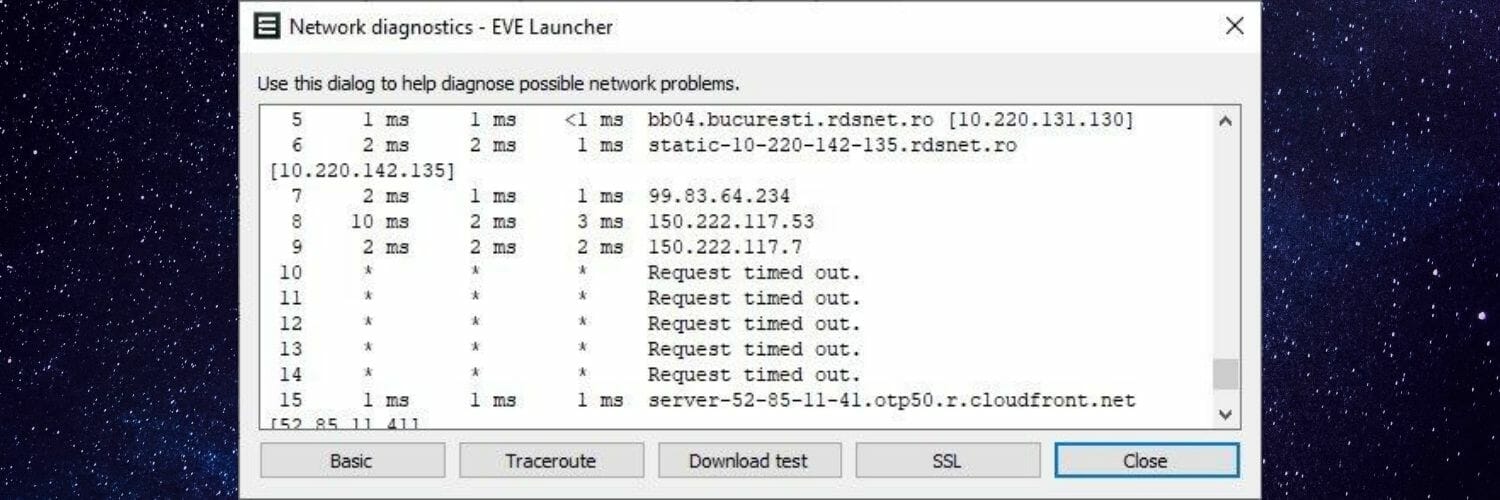 EVE Online network diagnostics traceroute test