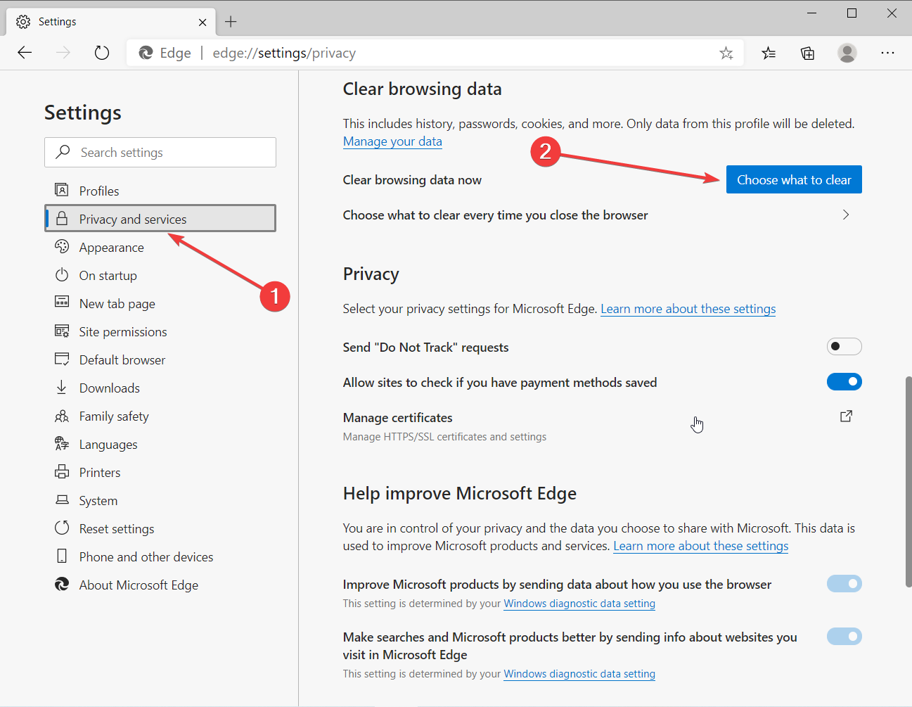 edge clear cache and cookies