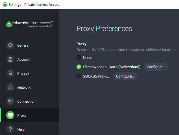configure proxy settings in Private Internet Access