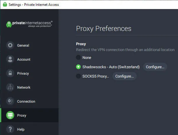 Private Internet Access proxy settings