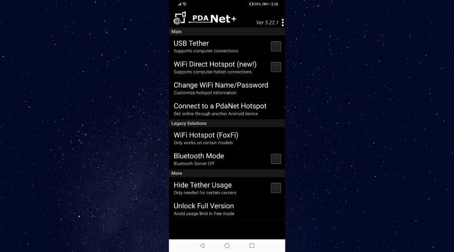 Android PdaNet+ main screen
