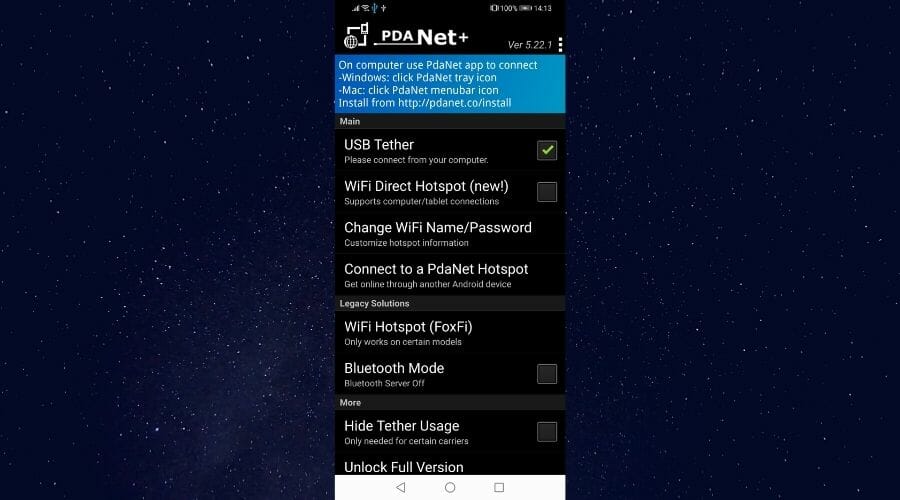 How to enable USB tethering in PdaNet+ app