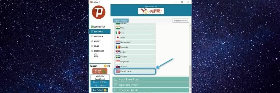Using Psiphon with United States region