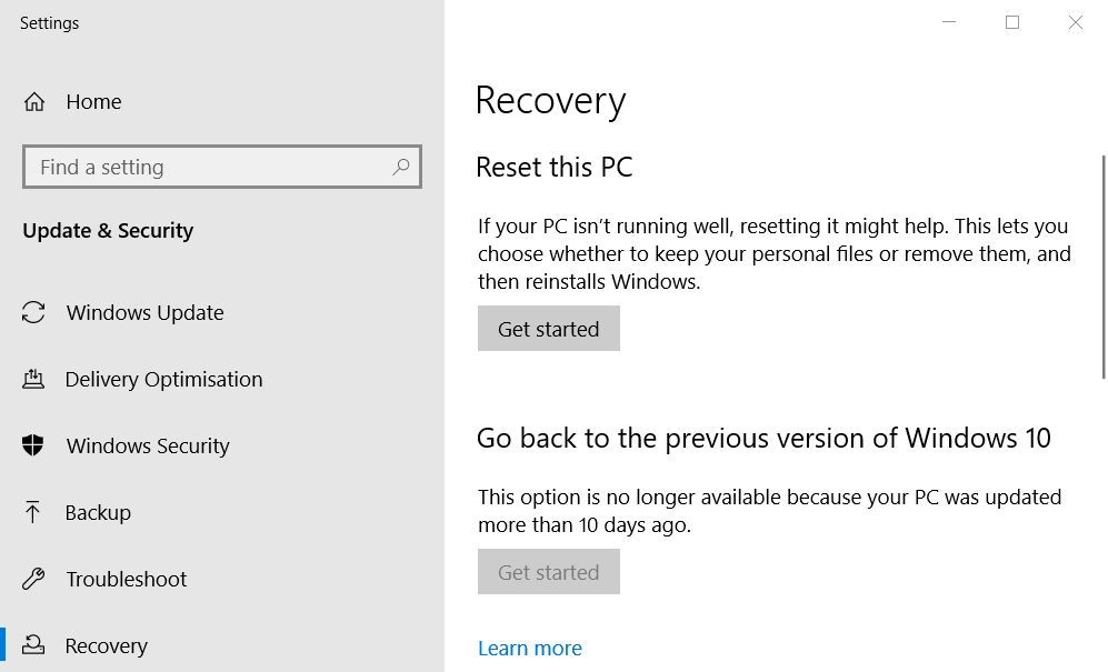 The Reset this PC Get started button windows 10 blank icons