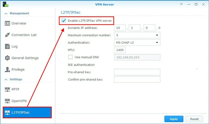 enable 2TP IPsec VPN server on Synology NAS