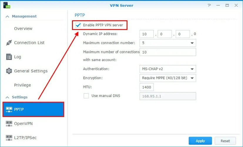 enable PPTP VPN server for Synology NAS