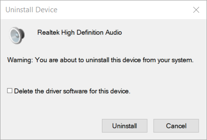 Janela de desinstalação do dispositivo e reinstalação do driver de áudio do Windows 10 -> E, afiliado